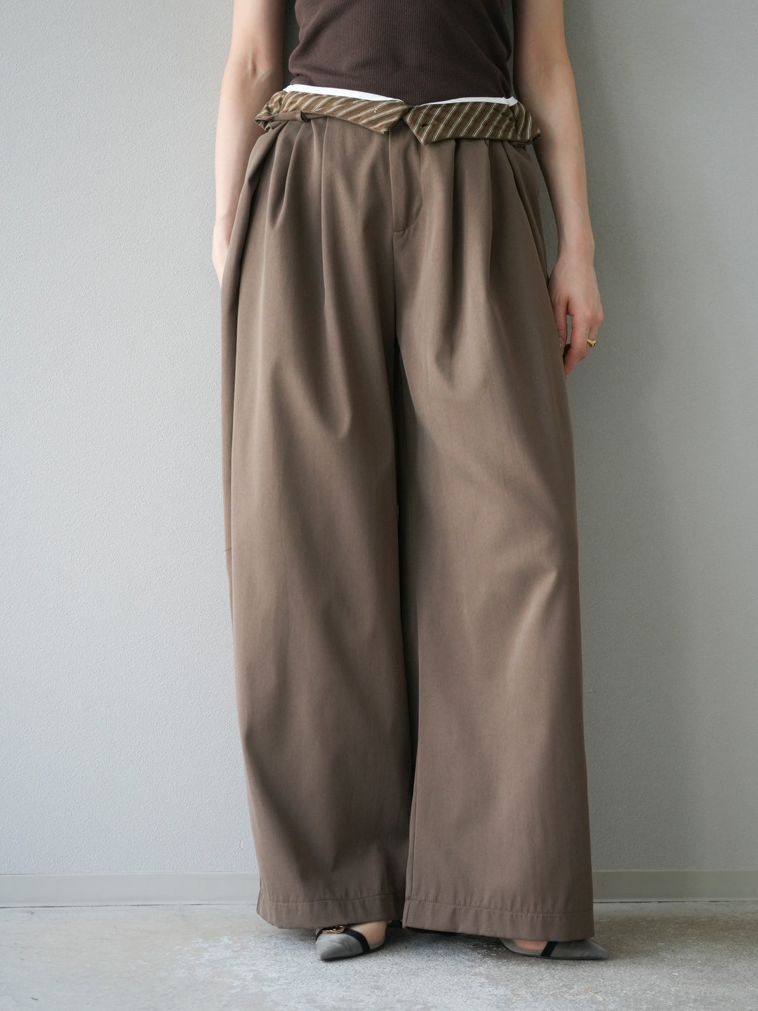 [予約]タックデザインワイドパンツ/ブラウン