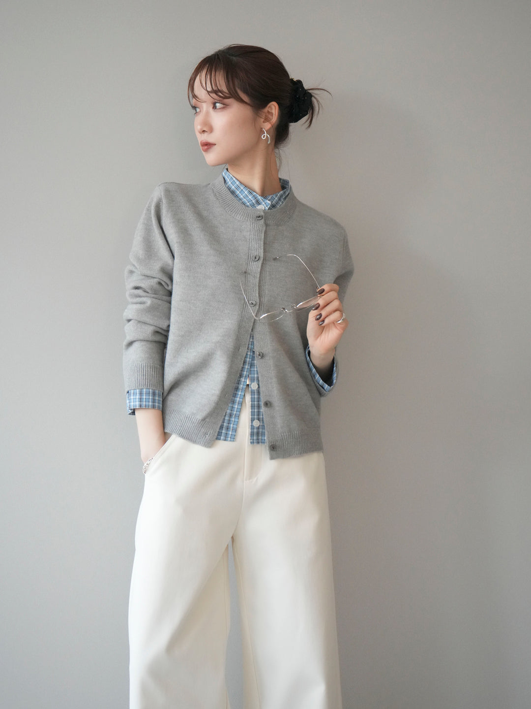 [予約]チェックシャツレイヤードデザインニットカーディガン/gray