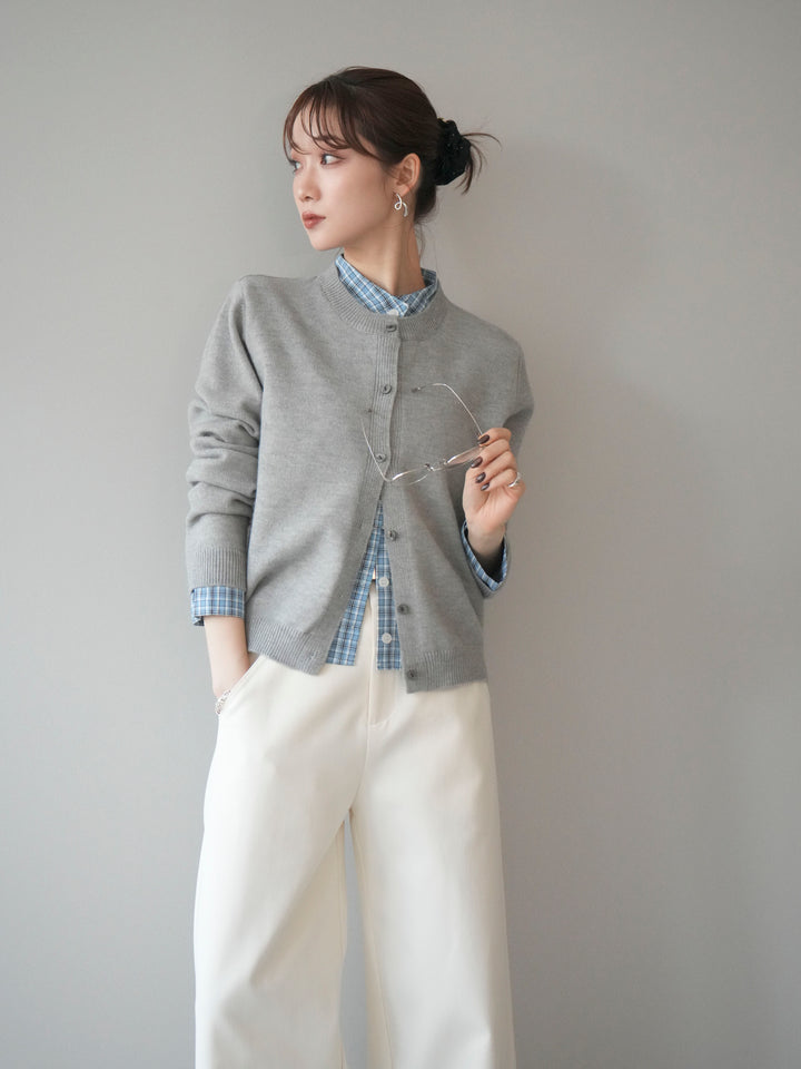 [予約]チェックシャツレイヤードデザインニットカーディガン/gray