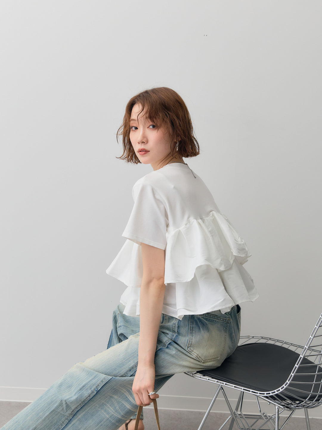 [SET]フリルティアードTEE+縦ウォッシュワイドデニムパンツ(2set)