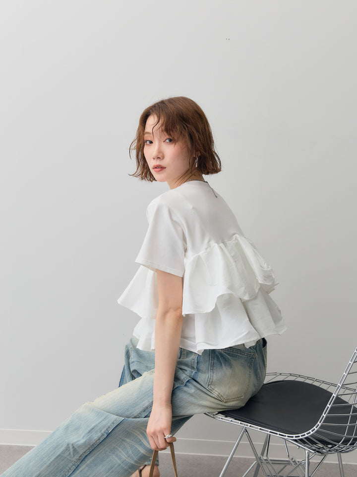 [SET]フリルティアードTEE+縦ウォッシュワイドデニムパンツ(2set)