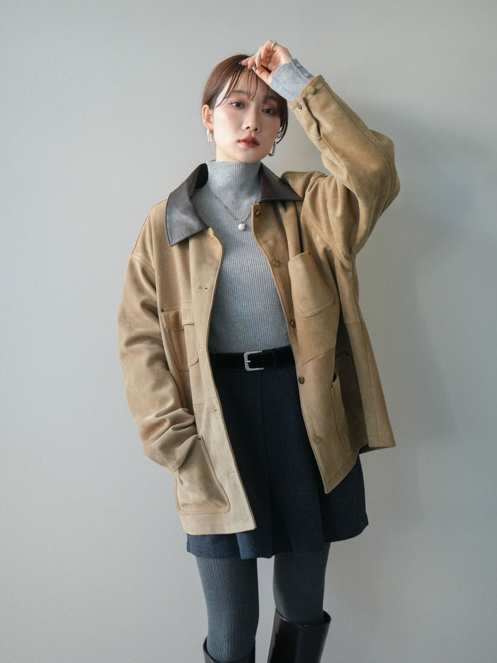 [SET]襟レザーステンカラースエードジャケット+ベルト付きタックミニスカート(2set)