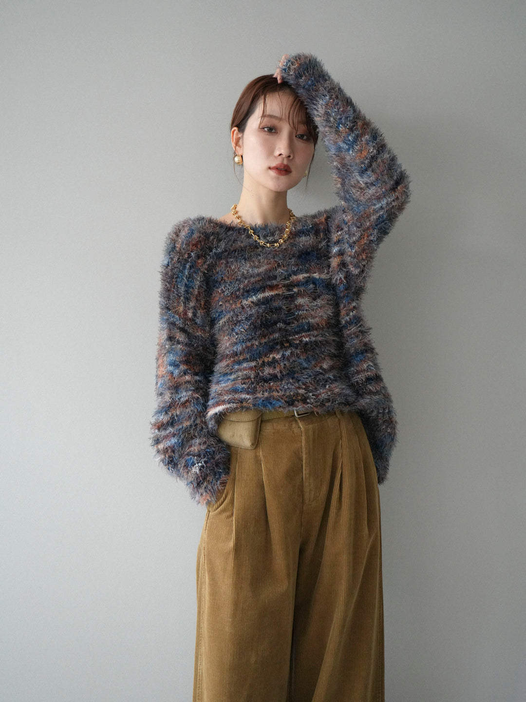 [予約]ミックスシャギールーズニットプルオーバー/blue