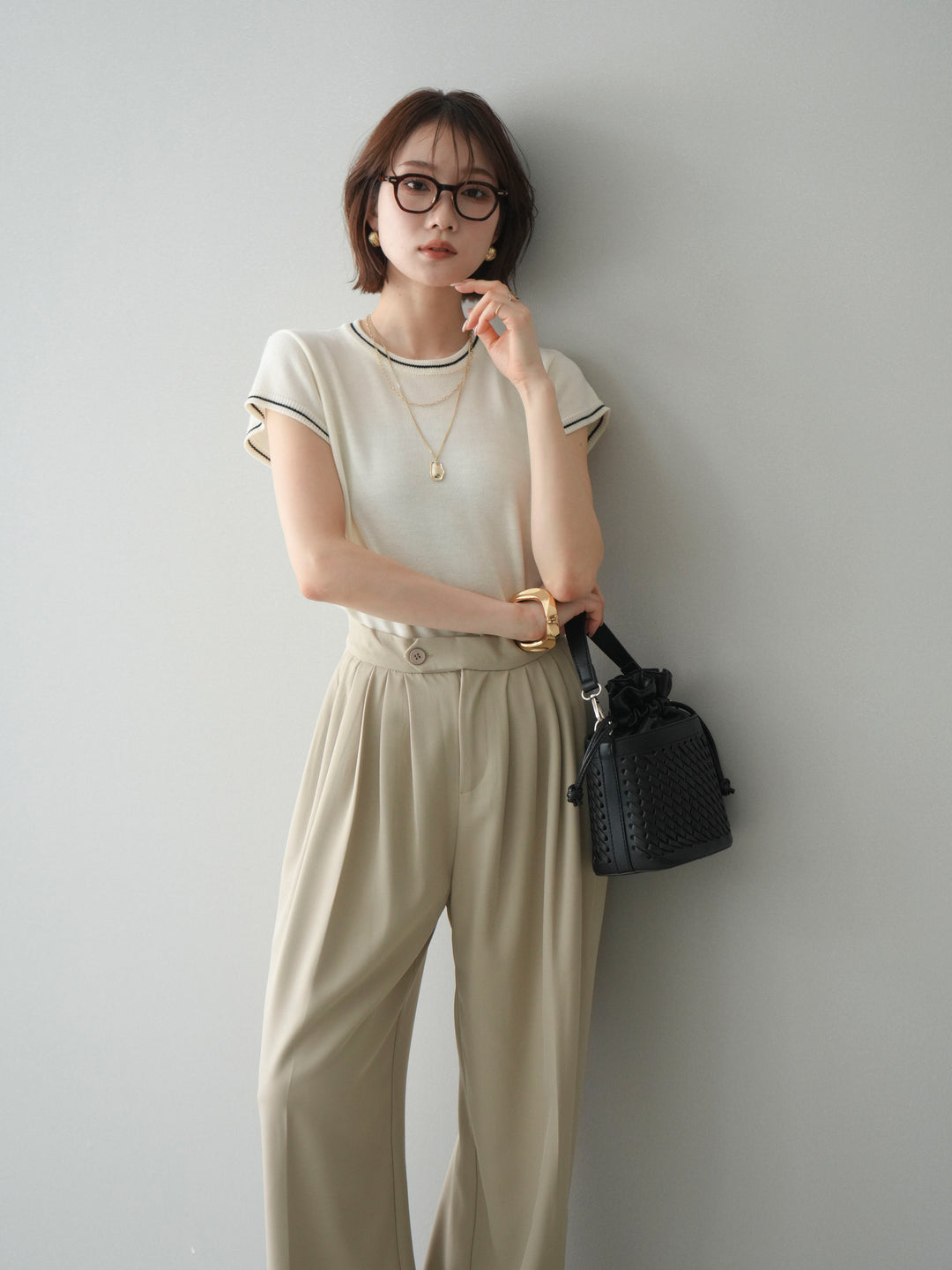 [SET]配色ハーフスリーブニットトップス+選べるアクセセット(2set)