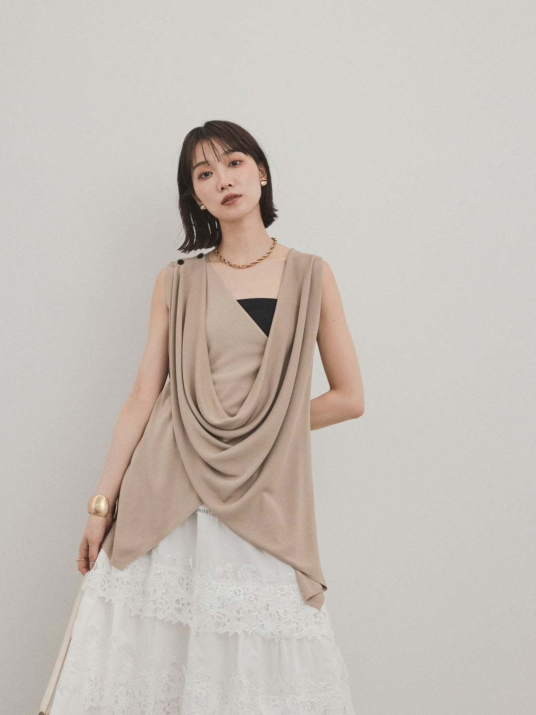 [SET]ドライタッチドレープニットプルオーバー+スカラップレースロングスカート(2set)