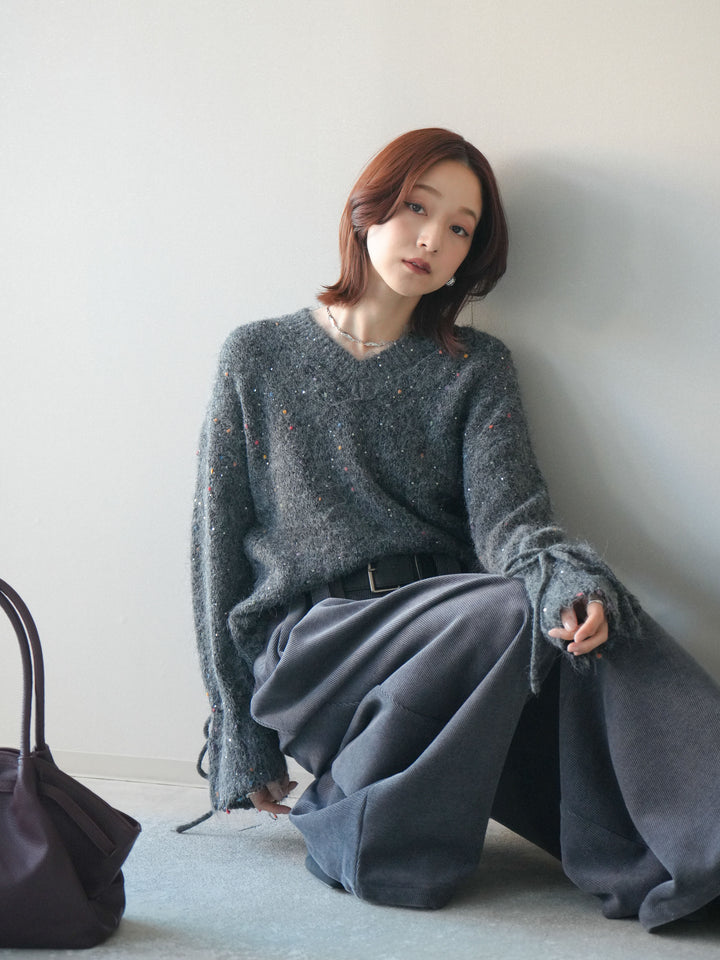 [SET]キャンディースリーブカラーネップスパンコールニットプルオーバー+ベルトデザインループコールテンワイドパンツ(ベルト付き)(2set)