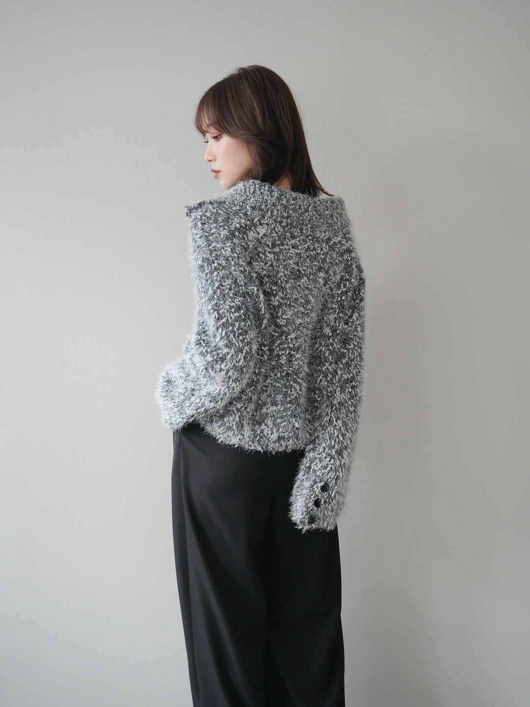 [予約]ミックスシャギージップニットカーディガン/black