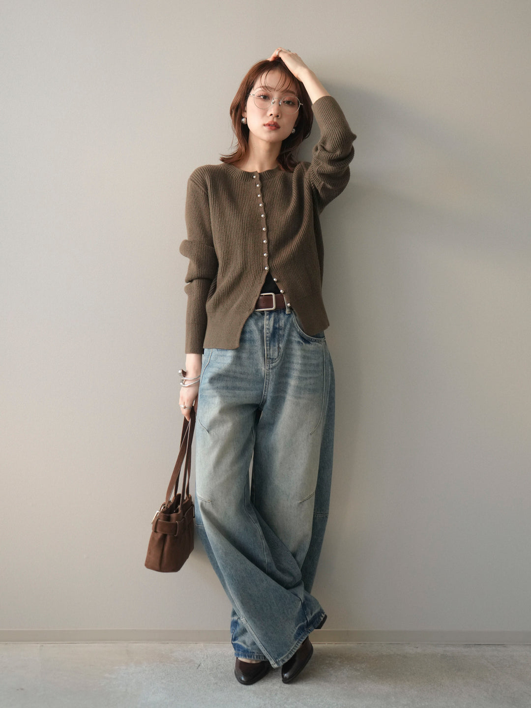 [SET]シルバーボタン畦編みニットカーディガン+ベルト付カーブデニムパンツ(2set)