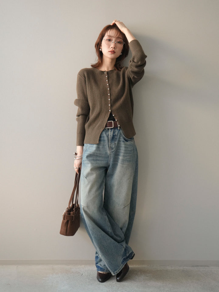 [SET]シルバーボタン畦編みニットカーディガン+ベルト付カーブデニムパンツ(2set)