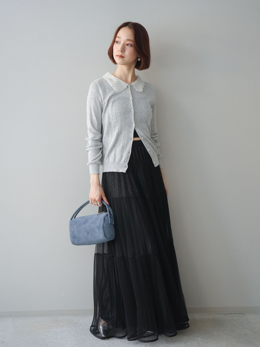 [予約]ラメプリーツレイヤードチュールロングスカート/black