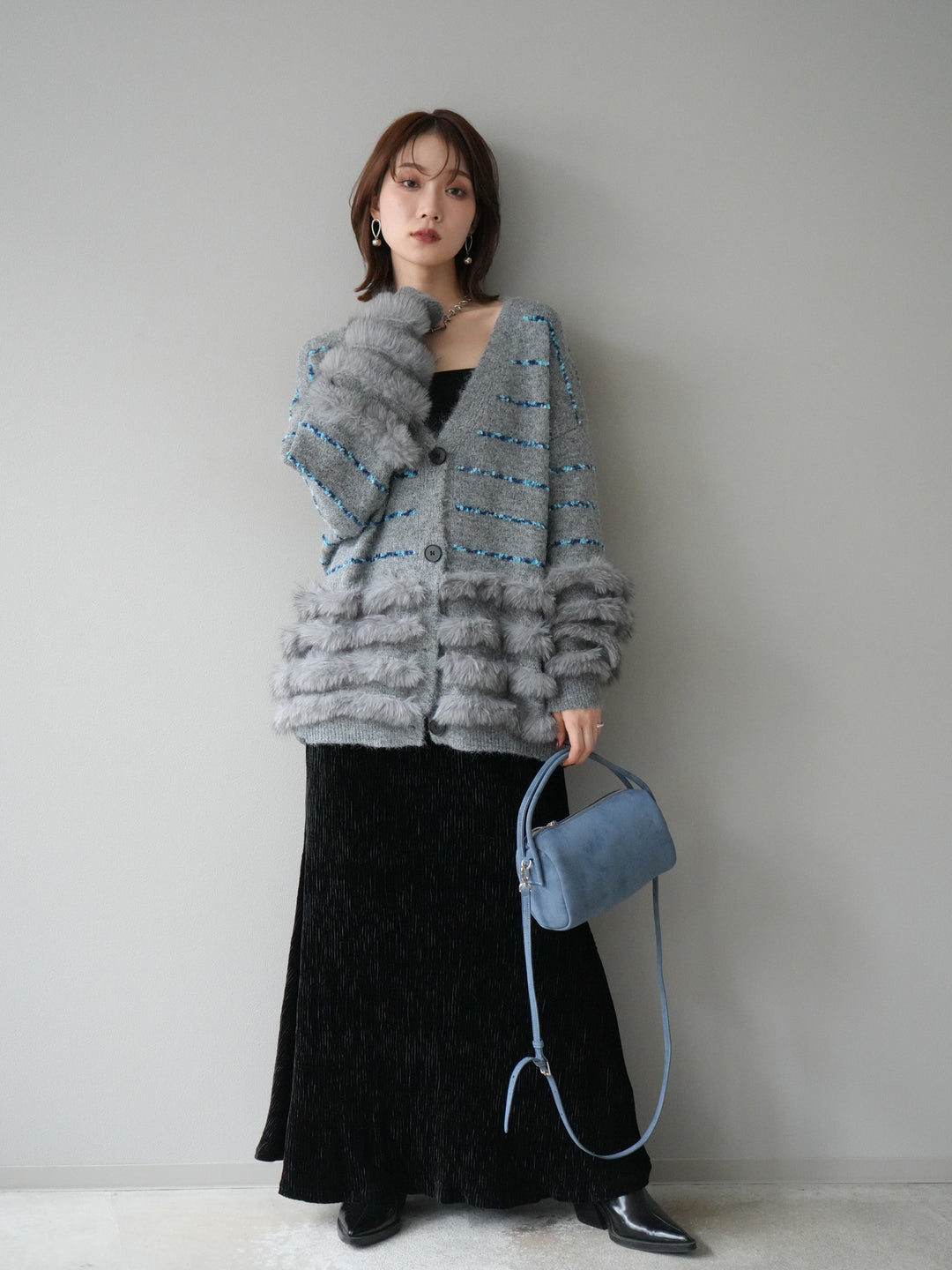 [SET]フェザーライン配色シャギーニットカーディガン+ベロアプリーツナロースカート(2set)