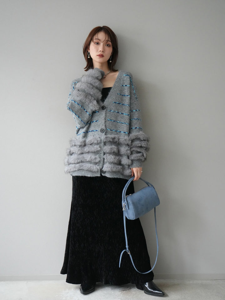 [SET]フェザーライン配色シャギーニットカーディガン+ベロアプリーツナロースカート(2set)