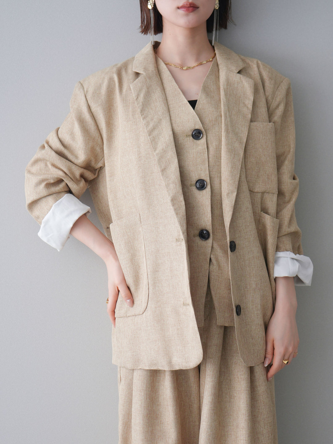 [SET]リネンライクテーラードジャケット+リネンライクバックオープンジレ+リネンライクタックワイドパンツ(3set)