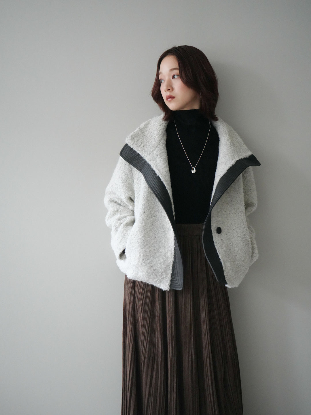 [SET]レザー切替ブークレブルゾン+裾レーススウェードプリーツマキシスカート(2set)