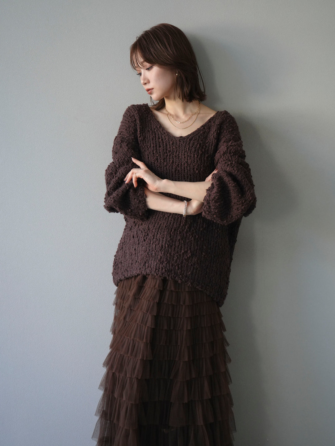 [予約]メランジポコポコニットプルオーバー/brown