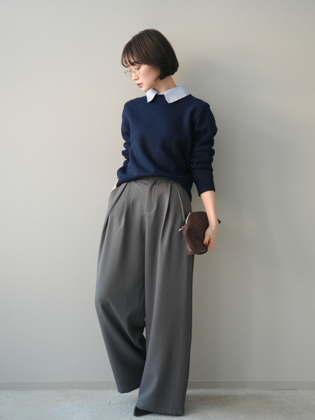 [予約]ウエストレースタックワイドパンツ/gray