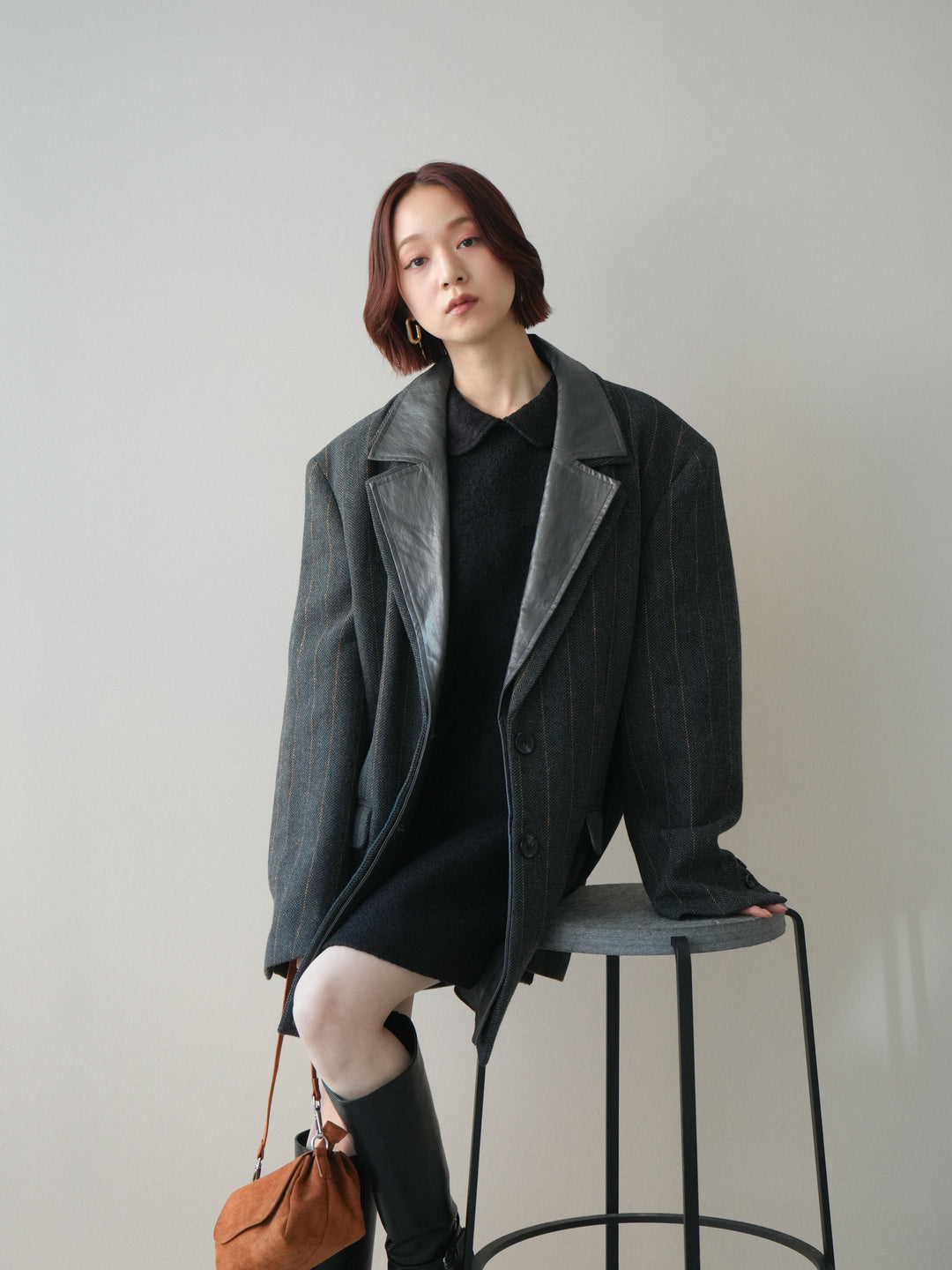 [SET]襟付きブークレミニワンピース+レイヤードデザインツイードテーラードジャケット(2set)