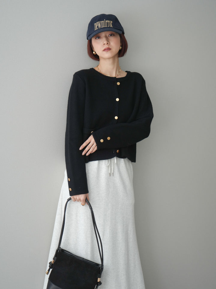 [SET]ゴールドボタンノーカラーニットジャケット+スウェットフレアロングスカート(2set)