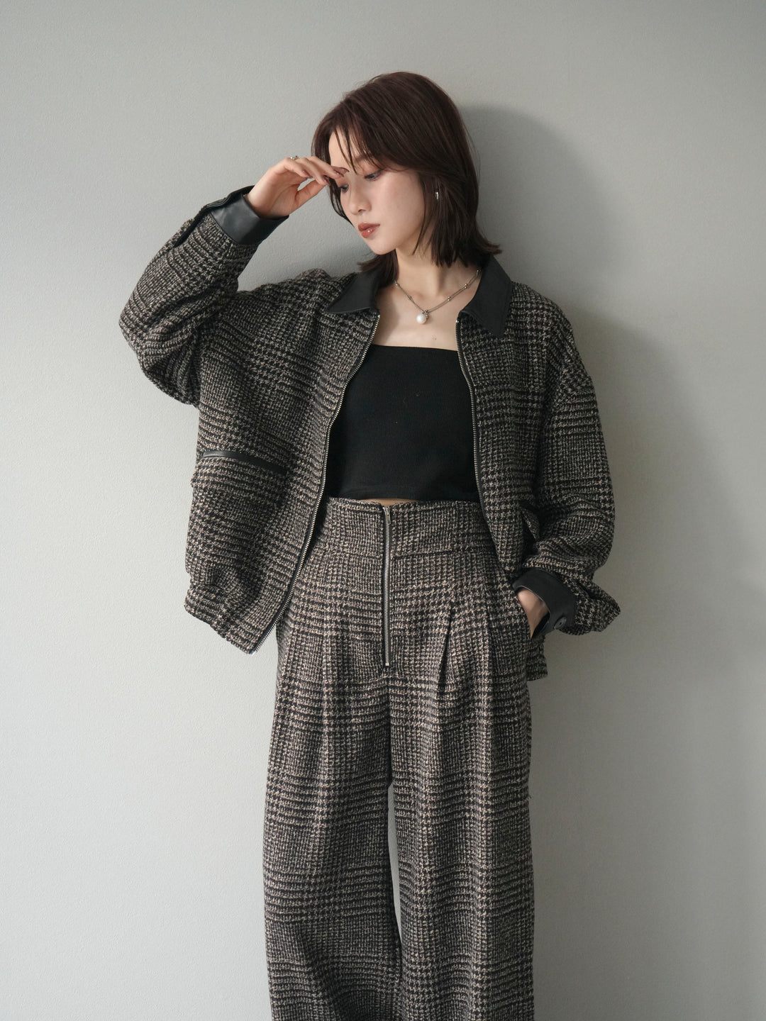 [予約]レザー襟ミックスツイードジャケット/brown