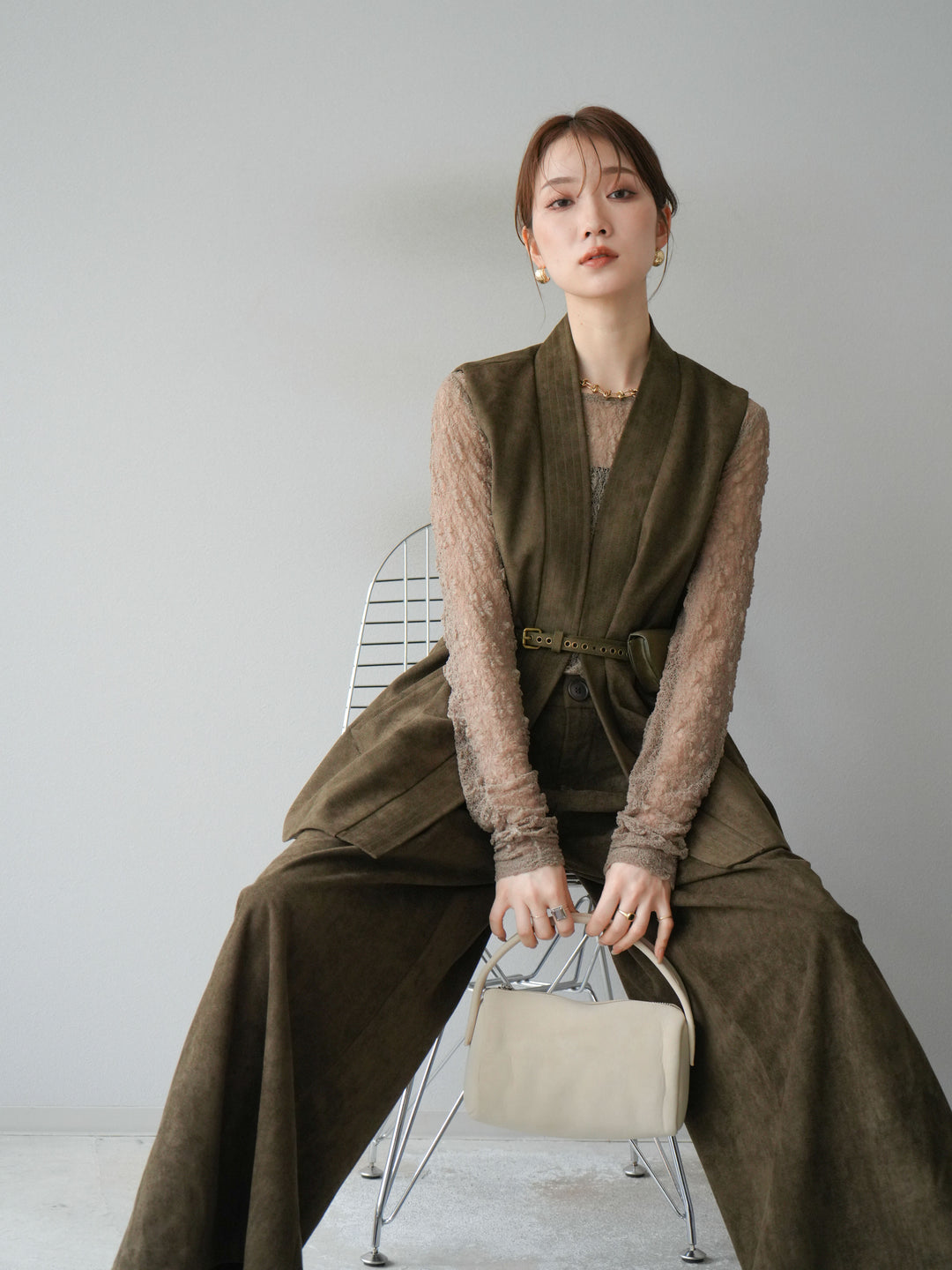 [SET]ポーチベルト付スウェードジレ×パンツSET UP(2set)