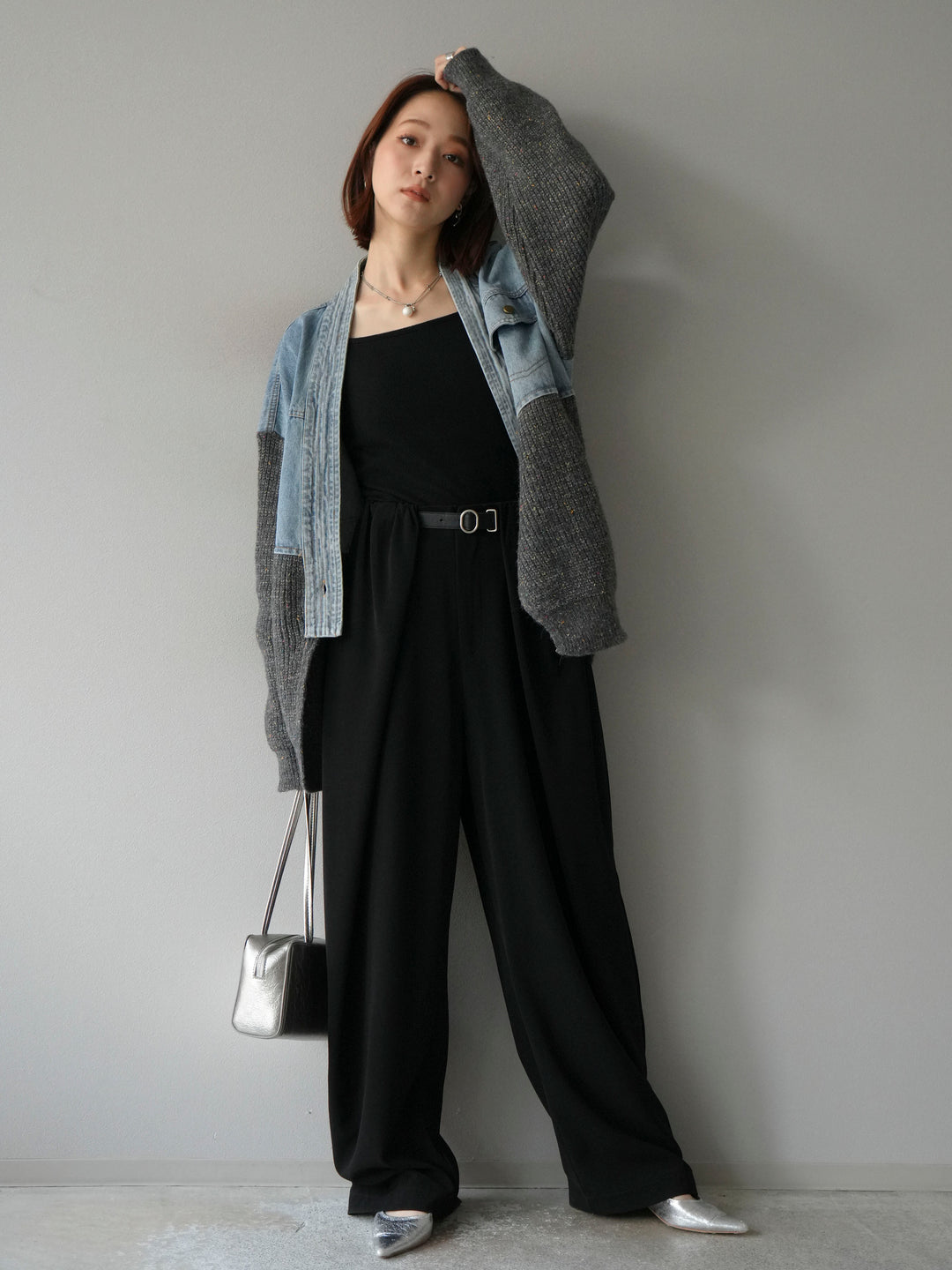 [予約]デニム切替ネップニットカーディガン/グレー