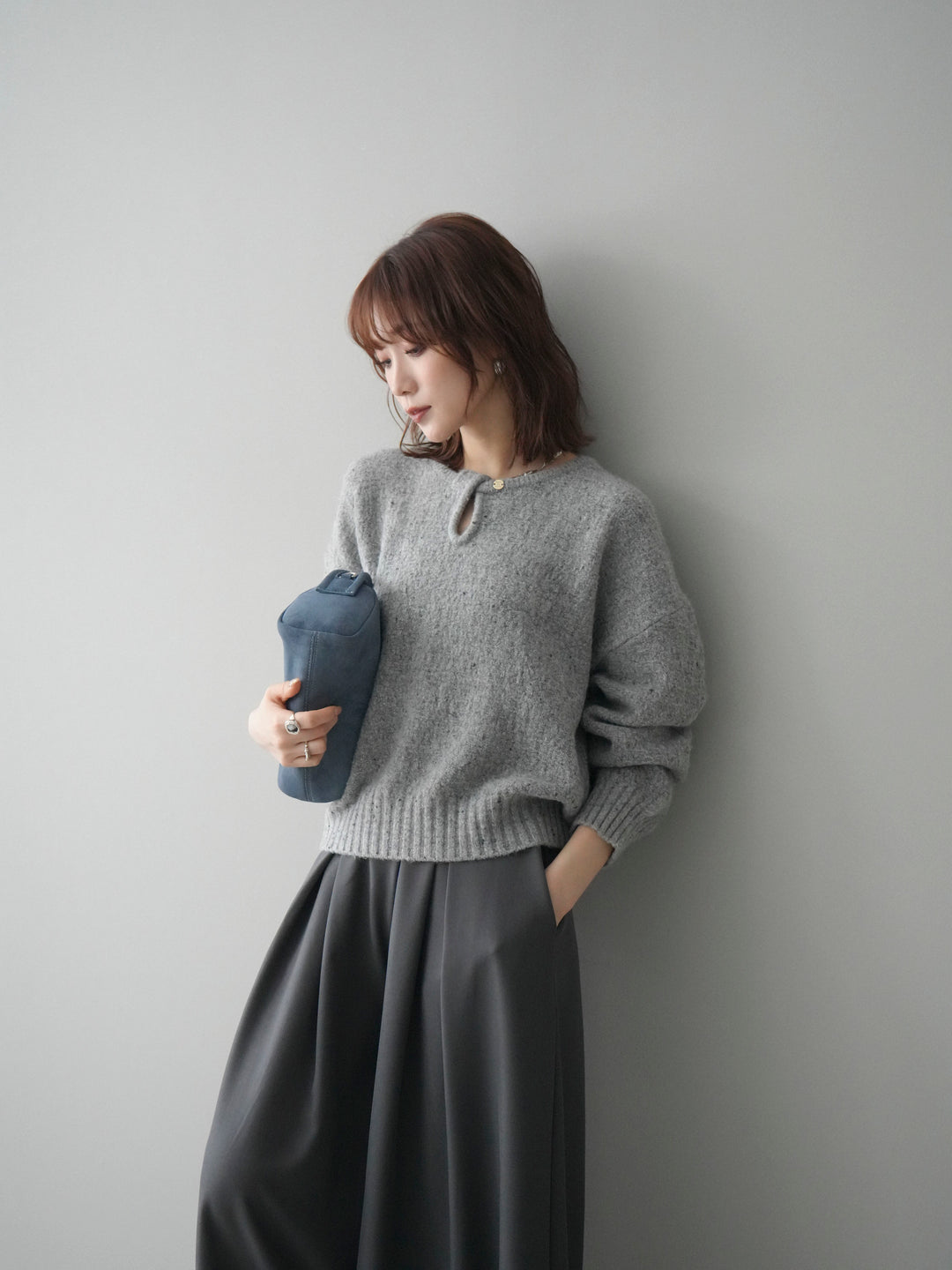 [予約]ツイストネックラメネップヤーンニットプルオーバー/gray