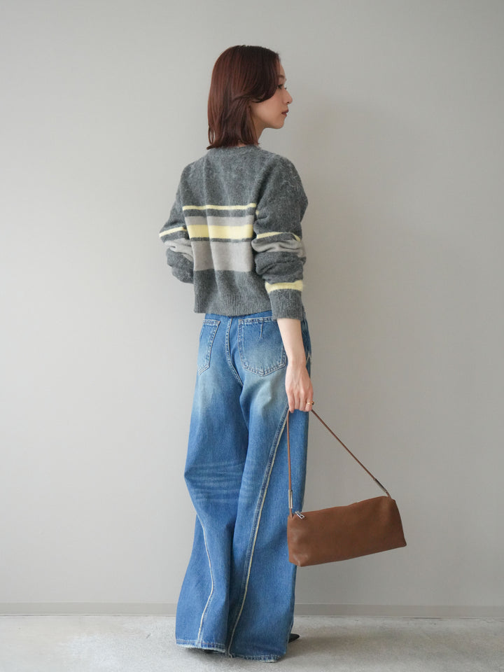 [SET]ソフトタッチボーダークロップドニットプルオーバー+サイドフリンジワイドデニムパンツ(2set)