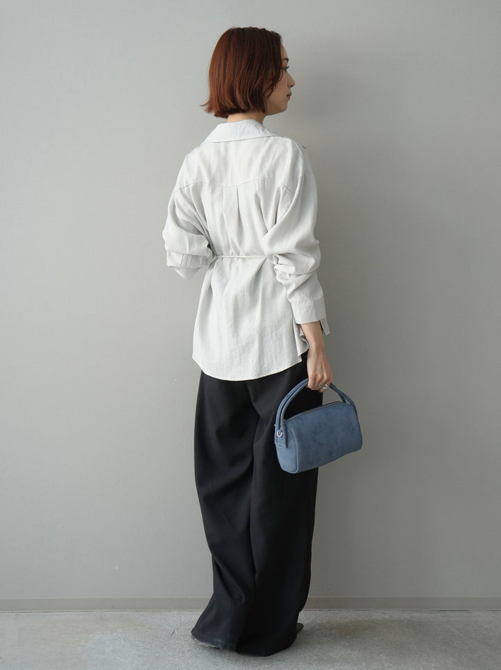 [SET]Vネック変形ラインシャツ+ベルト付キーホルダーモチーフワイドパンツ(2set)