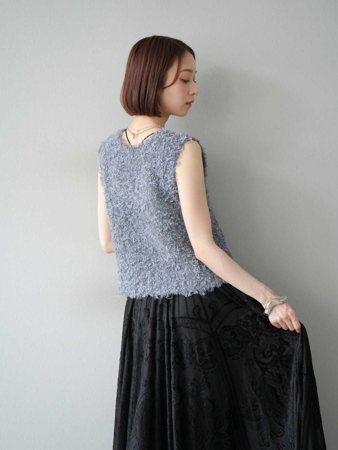 [SET]テープヤーンフリンジニットベスト+アンティーク柄フロッキーマキシスカート(2set)