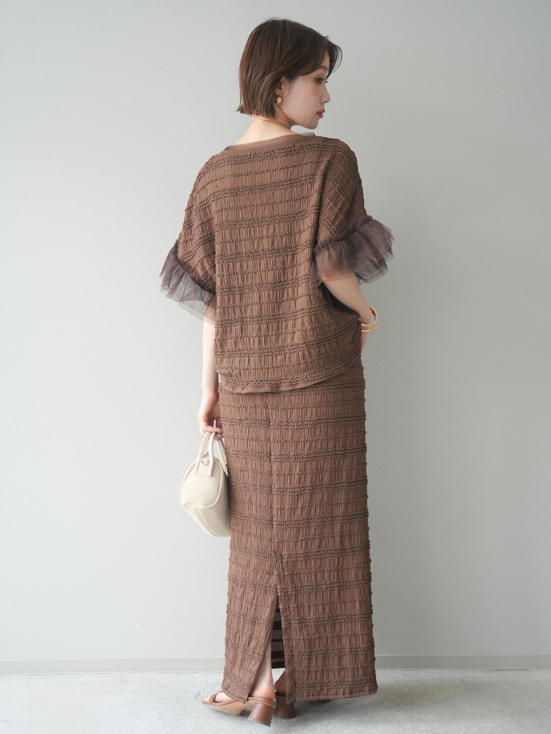 [SET]チュール袖リップルトップス+リップルIラインスカート(2set)