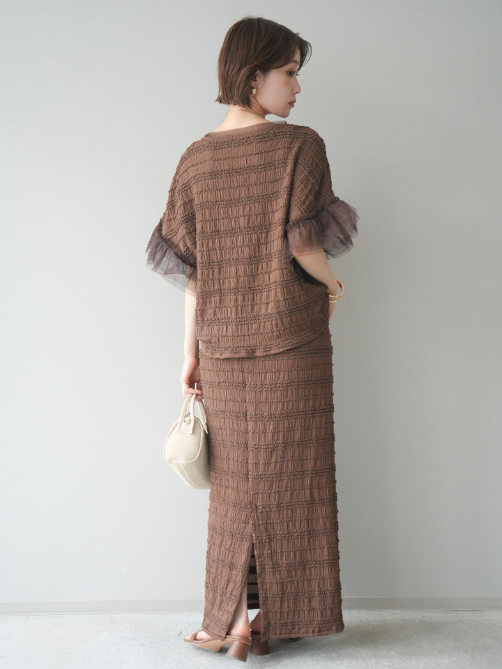 [SET]チュール袖リップルトップス+リップルIラインスカート(2set)