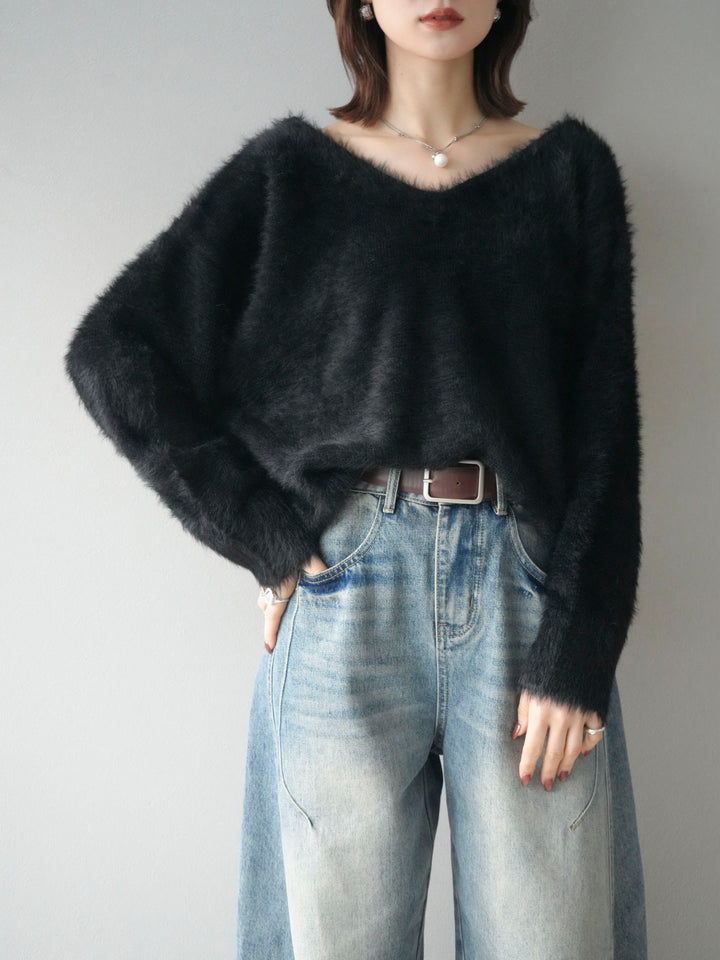 [予約]バックリボンVネックシャギーニットプルオーバー/black