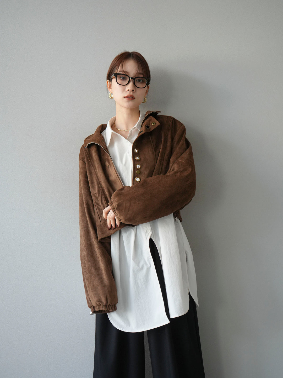 [予約]パンチングデザインスエードショートジャケット/ブラウン