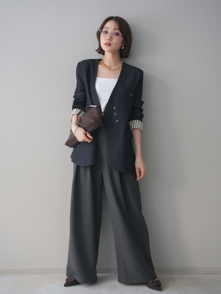 [SET]ノーカラージャケット+カップ付テレコリブベアキャミソール+サテンベルトタックワイドパンツ(3set)