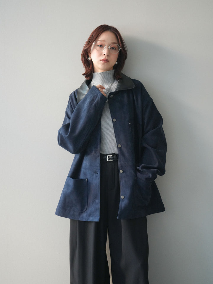 [SET]襟レザーステンカラースエードジャケット+袖ボタンボトルネックリブニットトップス+ベルトループデザインワイドパンツ(3set)