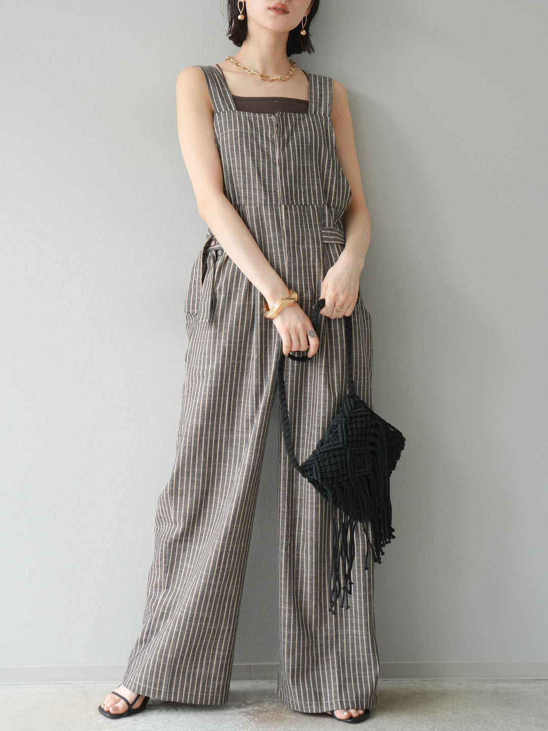 【預購】皮帶設計工裝褲/條紋