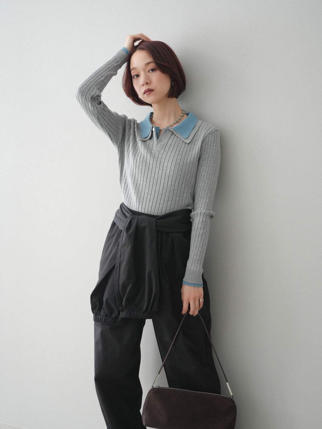 [SET]ダブル襟ポロリブニットトップス+ウエスト巻きデザインドロストコットンナイロンパンツ(2set)