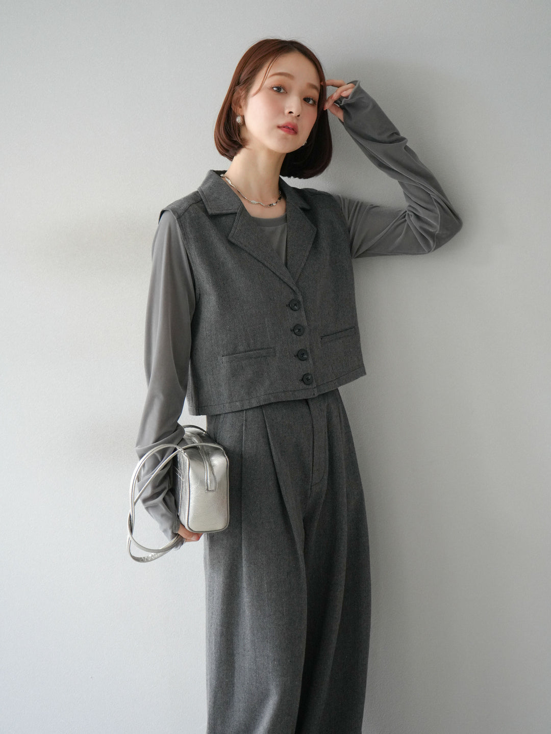 [予約]ツイードタッチテーラードジレ/ダークグレー