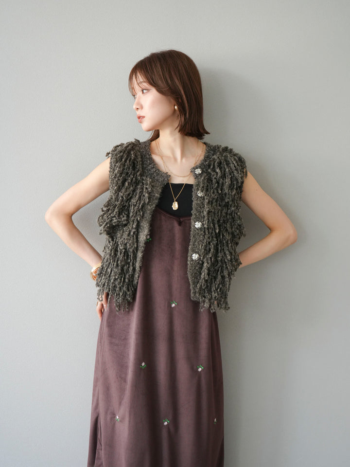 [予約]フラワー刺繍ベロアキャミワンピース/ブラウン