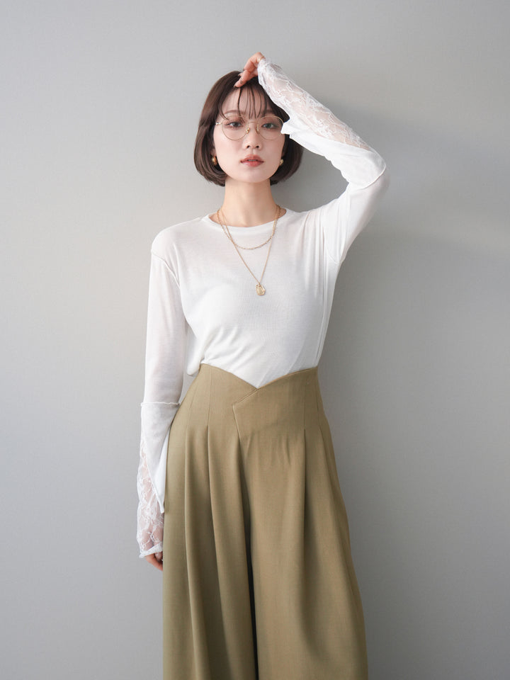 [SET]袖レースレイヤードデザインメロートップス+選べるアクセセット(2set)