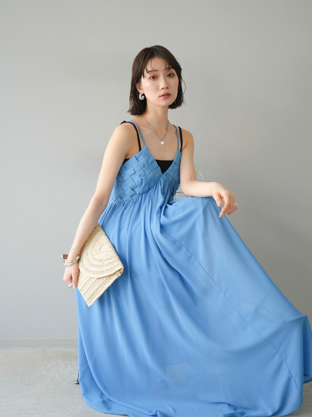 [SET]編み込みデザインシフォンワンピース+カップ付テレコリブベアキャミソール(2set)