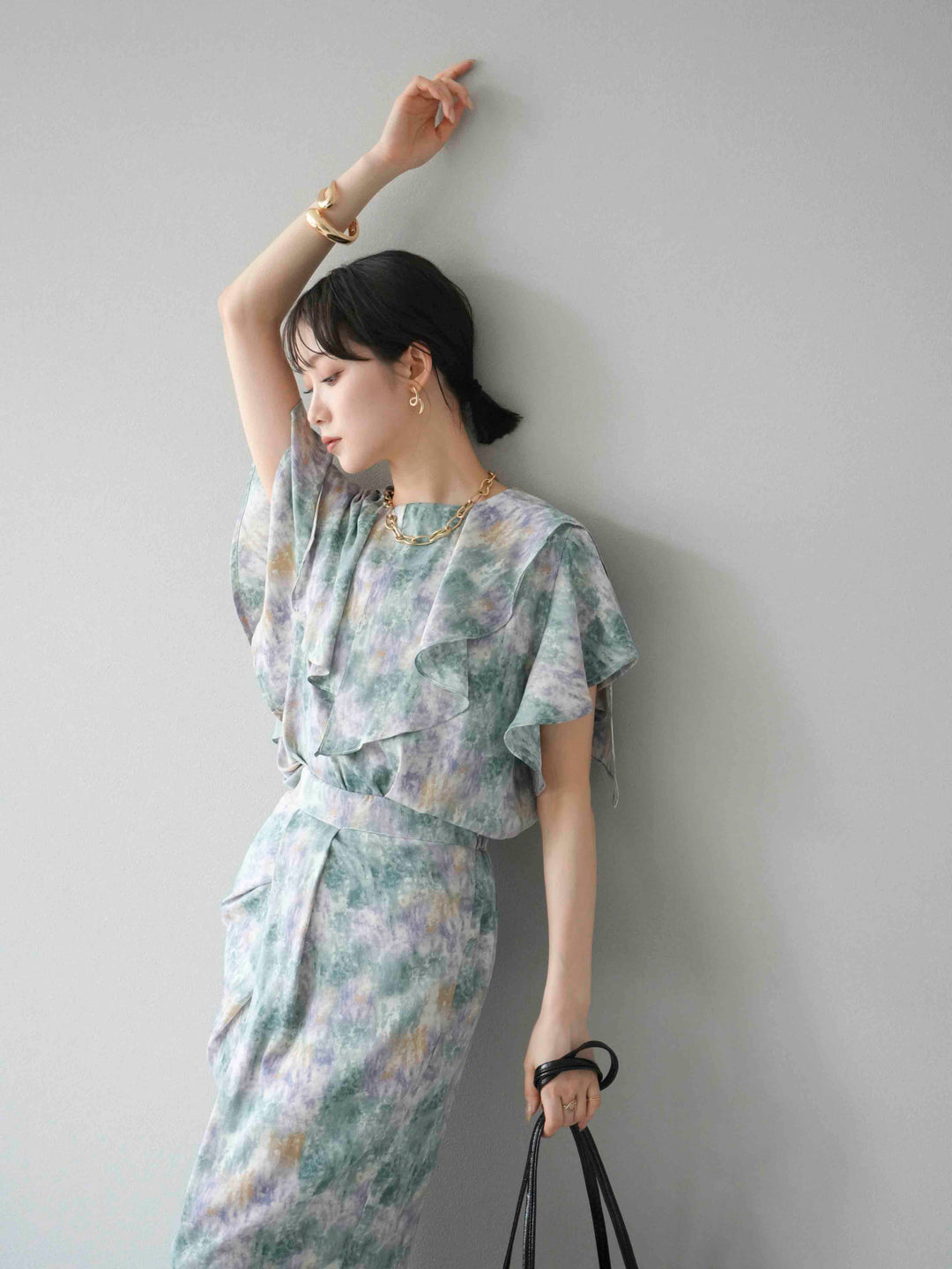 [予約]水彩アートラッフルカラーブラウス/グリーン
