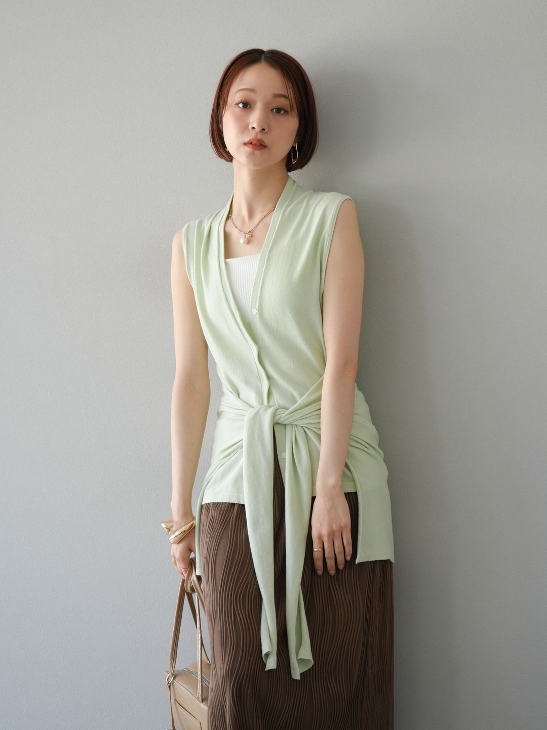 [SET]腰巻きデザインノースリーブニットカーディガン+ウェーブパイピングタイトスカート(2set)