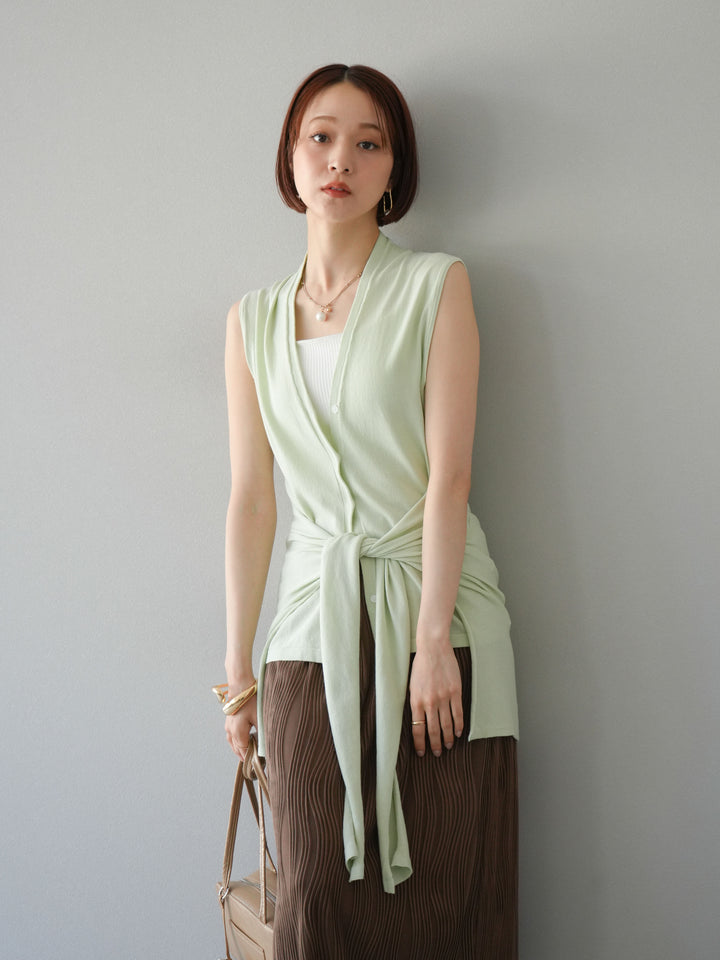 [SET]腰巻きデザインノースリーブニットカーディガン+ウェーブパイピングタイトスカート(2set)