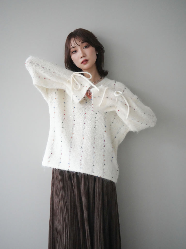 [予約]キャンディースリーブカラーネップスパンコールニットプルオーバー/white