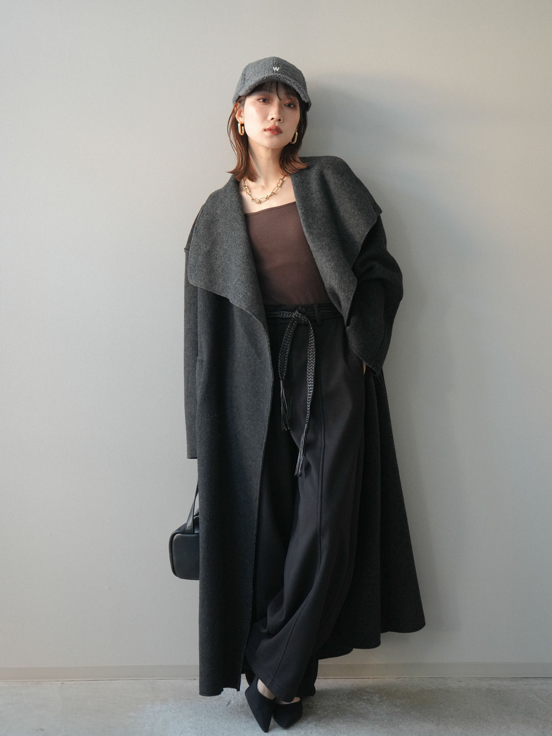 [予約]ベルト付裏起毛センターシームカーブパンツ/black