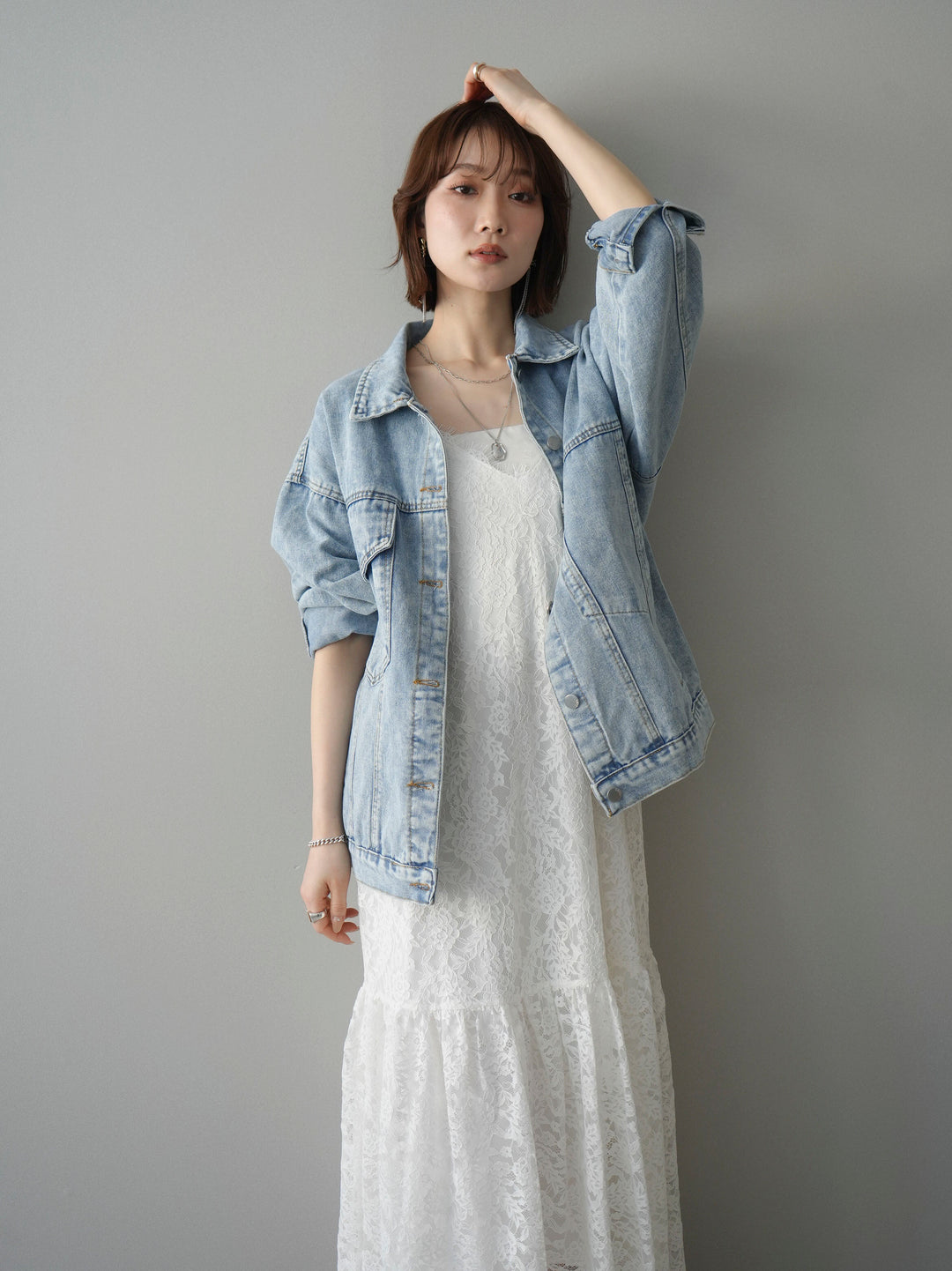 [予約]ギャザー切替レースキャミワンピース/white