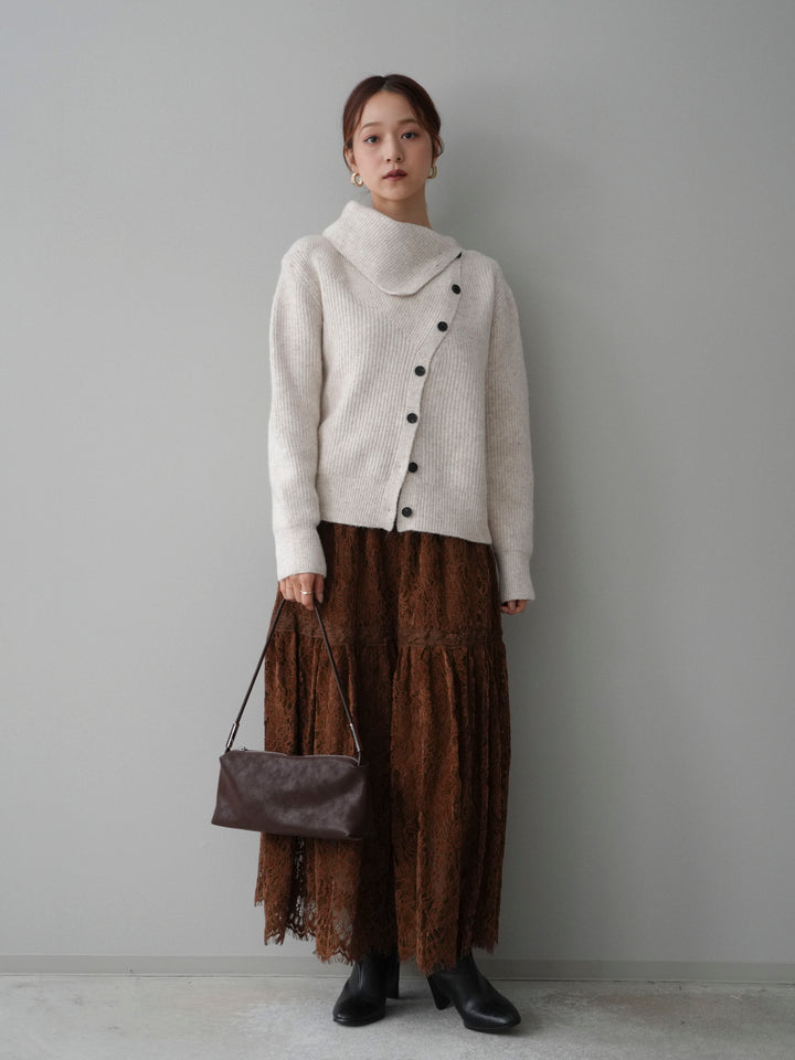 [SET]ハイネックデザインボタンニットカーディガン+起毛レースティアードスカート(2set)
