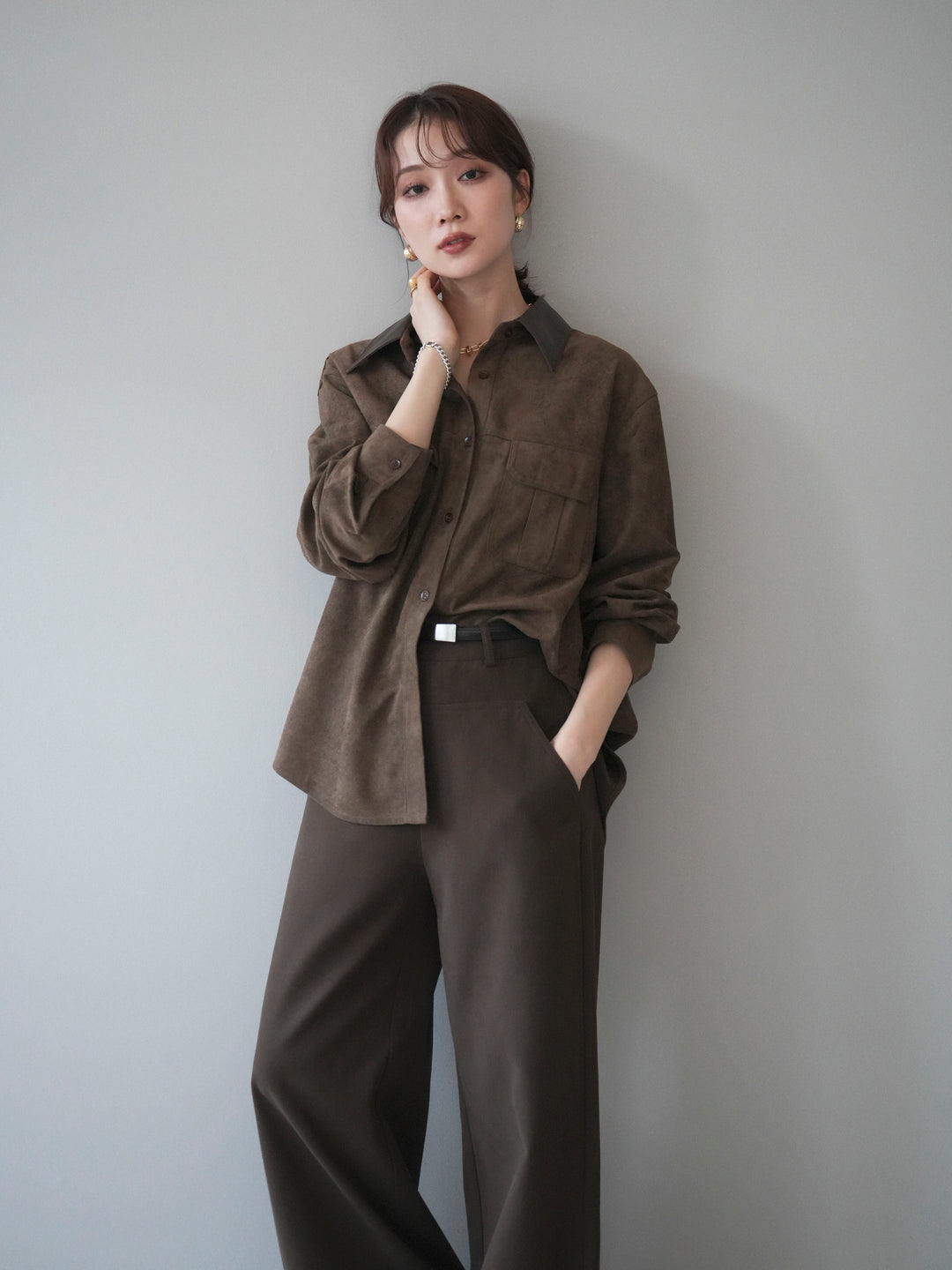 [予約]レザー襟スエードシャツ/khaki