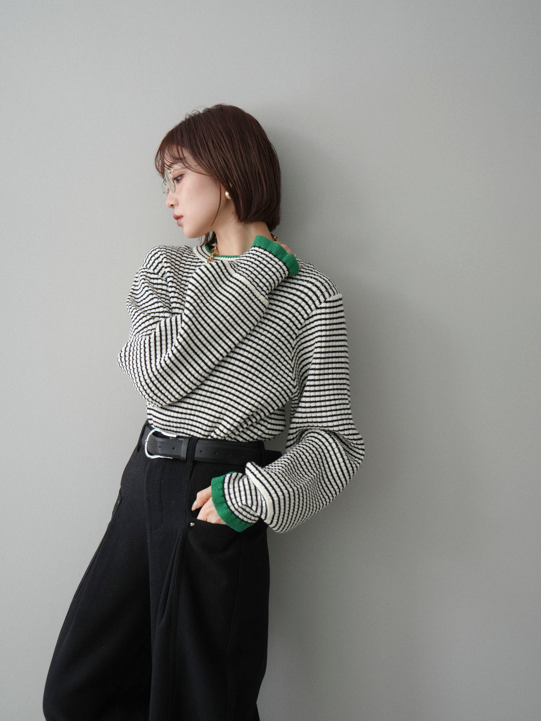 [予約]ラメ異素材ボーダーリブニットプルオーバー/off×green